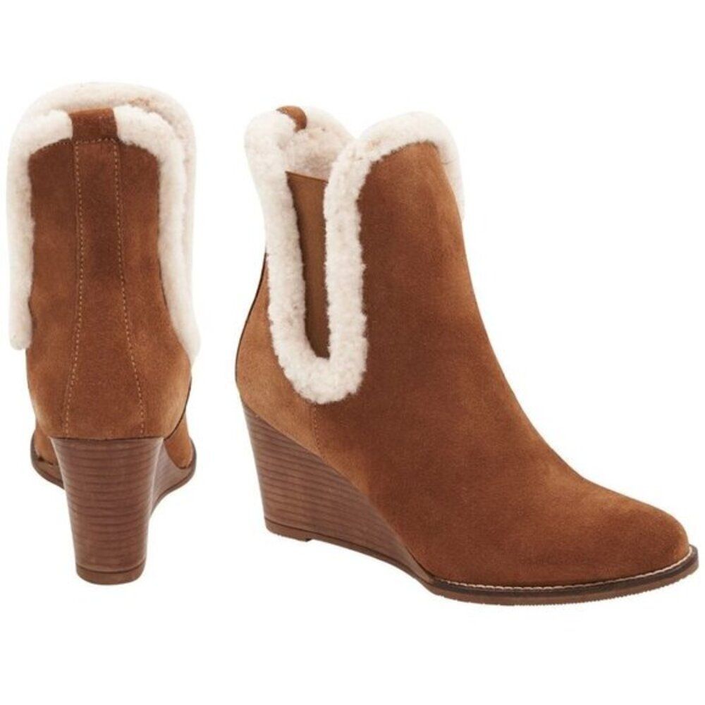 Andr Assous Women's Wedge Leather Bootie Faux Shearling Trim Size 9